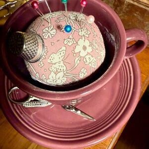 Sweet Mauve Pins and Needles Teacup Sewing Caddy